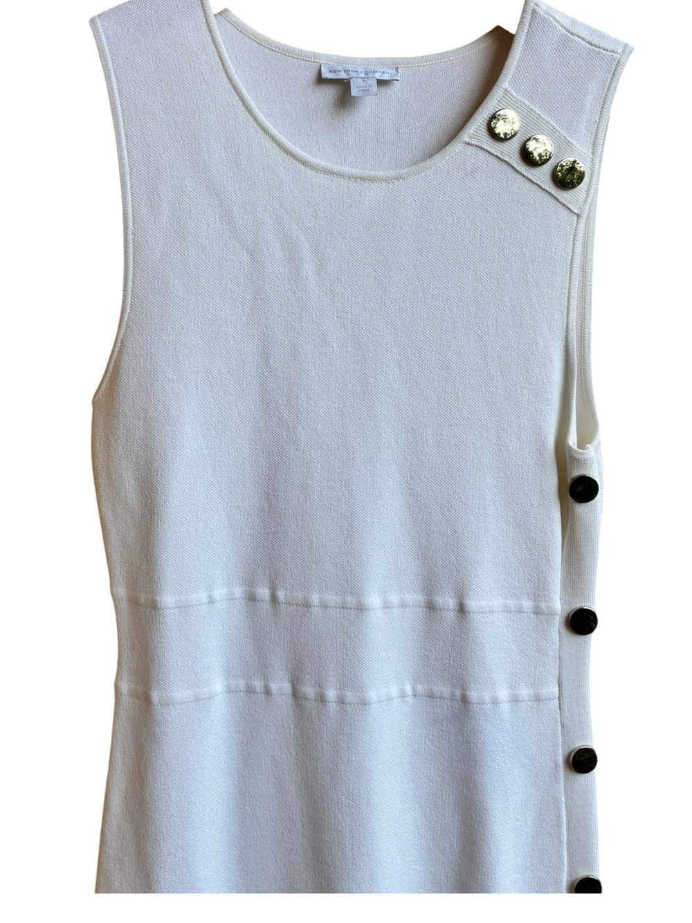 New York & Company White Knit Midi Dress Size Small Gold Button Elegant Casual - Picture 9 of 15